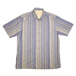 Tommy Bahama‎ Striped Silk Hawaiian Aloha Shirt Mens Large Blue Tropical Retro